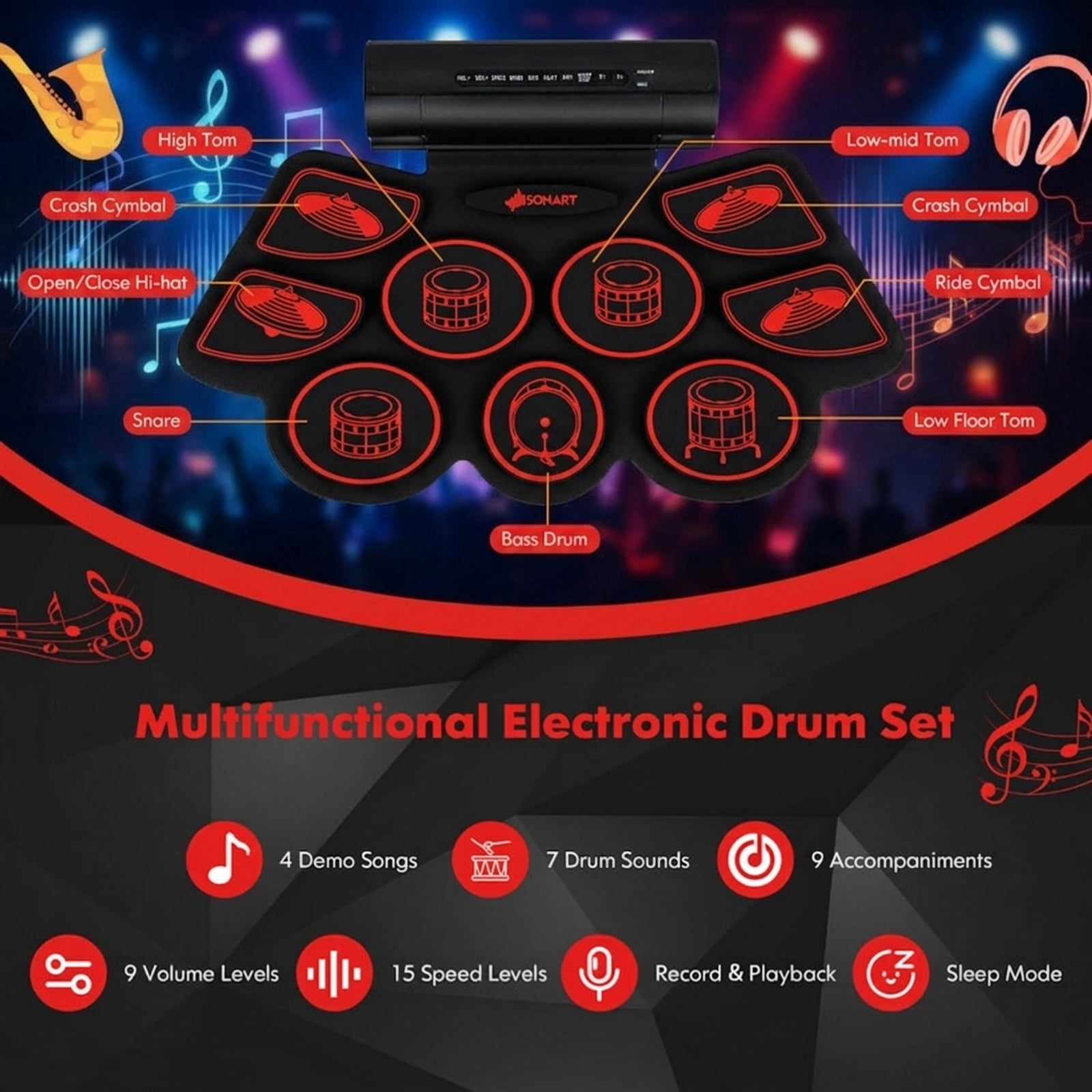 Redsmile Electronic Drum Set with 2 Built-In Stereo Speakers, Foot Pedal and Recording Function for Kids, Red