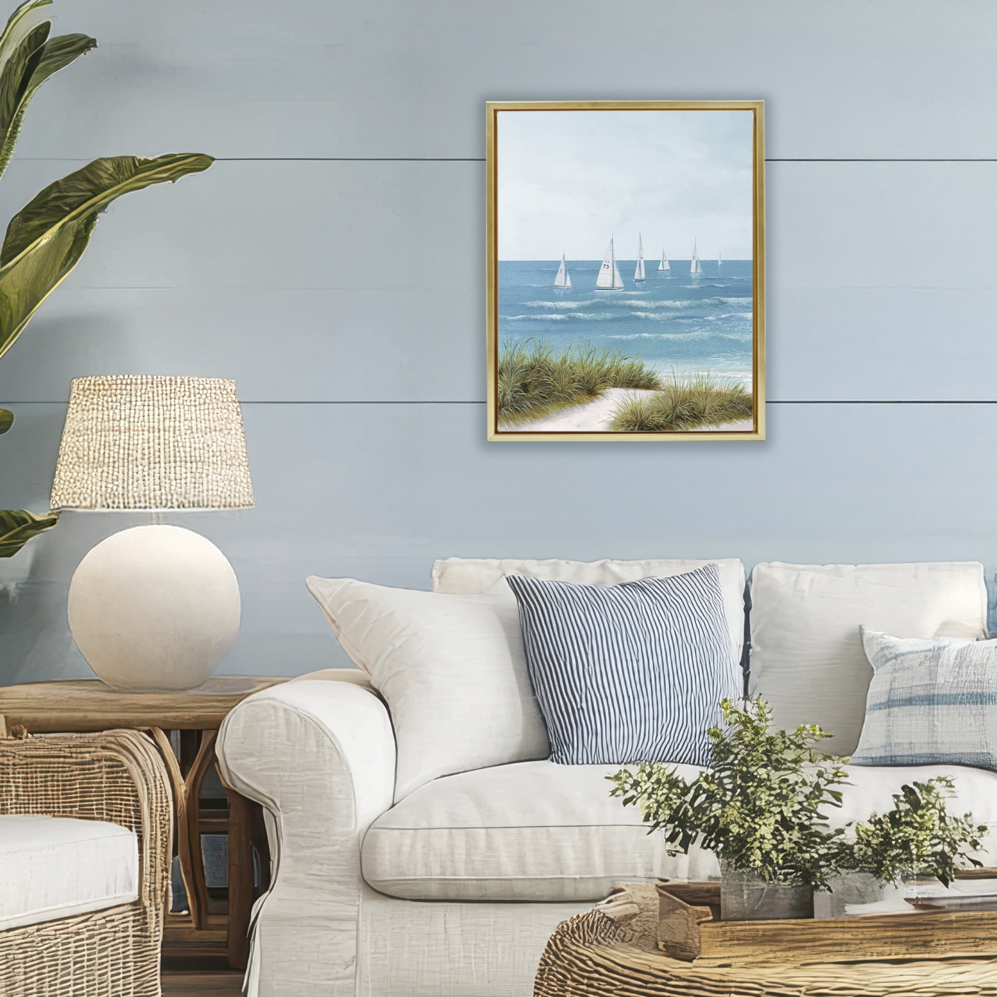 Stupell Industries Sail Away Beach Seascape Gold Framed Floater Canvas Wall Art, design by Lorenzo Collective