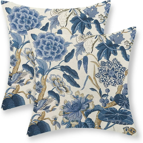Blue Floral Pillow Covers 18x18 Set of 2 Vintage Floral Throw Pillows Chinoiserie Flower Botantical Decorations Pillowcase Outdoor Decor Linen Farmhouse Cushion Case for Couch Sofa Bed