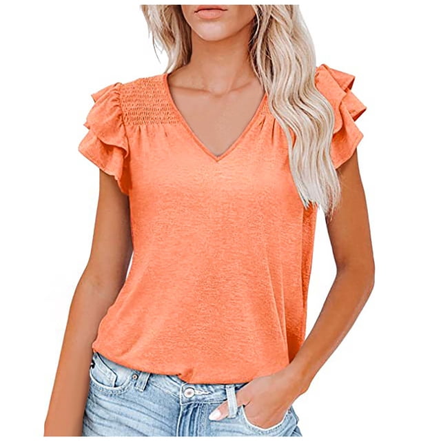 Timegard Tops for Women V Neck Ruffle Cap Sleeve Comfy Fitting Solid Color Tops Casual Summer Fashion