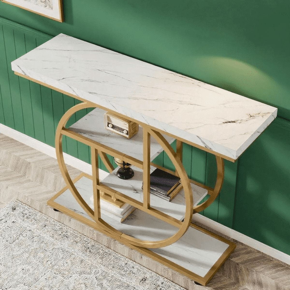 Industrial 4-Tier Console Table - 41.3" Rustic Brown with Circle Metal Base, 1.57" Thick Tabletop, Narrow Design for Entryway, Hallway, Living Room, Behind Couch