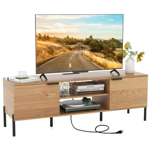 Costway Meuble Télé à 2 Portes avec Station de Recharge, Centre de Divertissement Multimédia pour Téléviseurs jusqu'à 65 Pouces