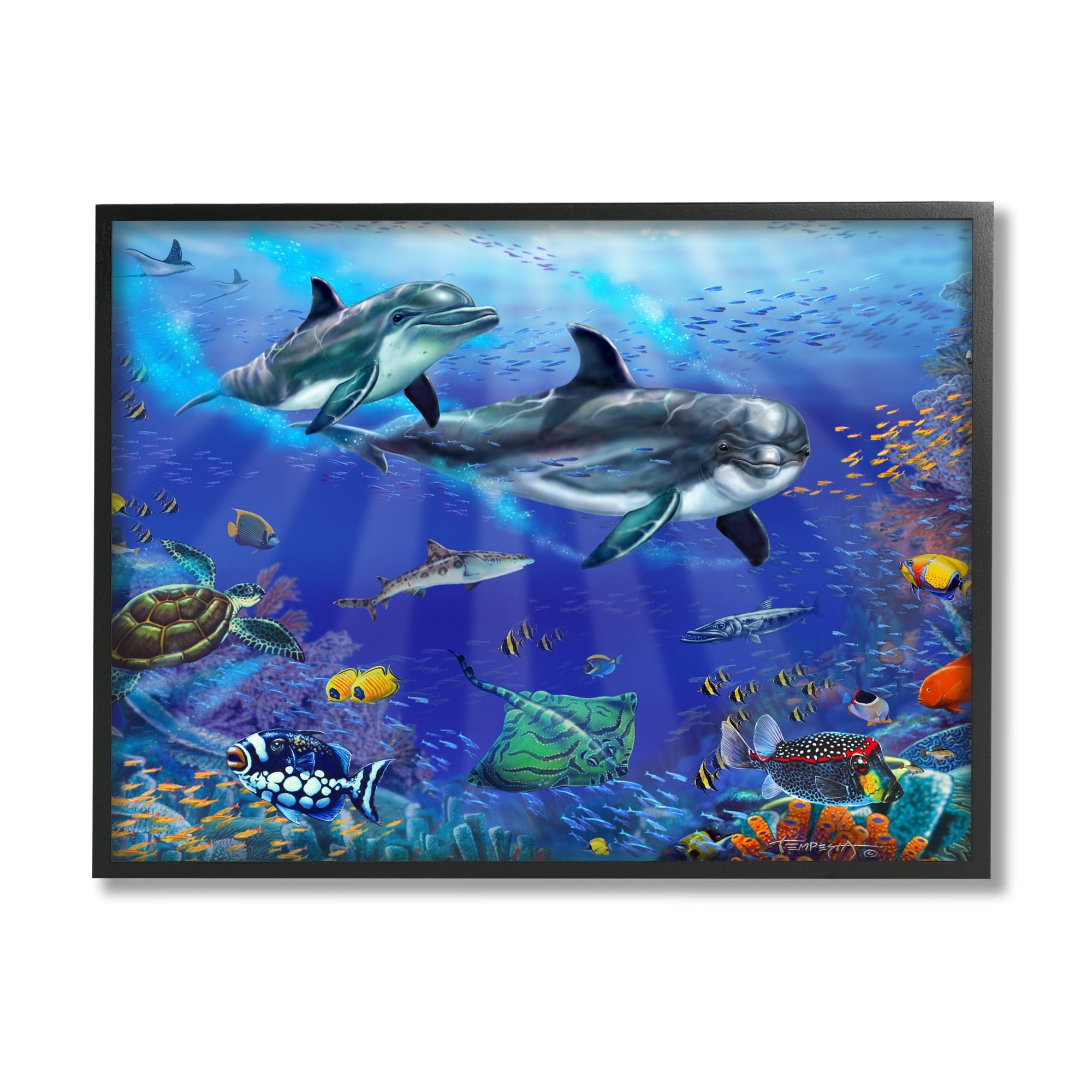 Stupell Industries Underwater Sea Life Scene Dolphins Coastal Painting White Framed Art Print Wall Art