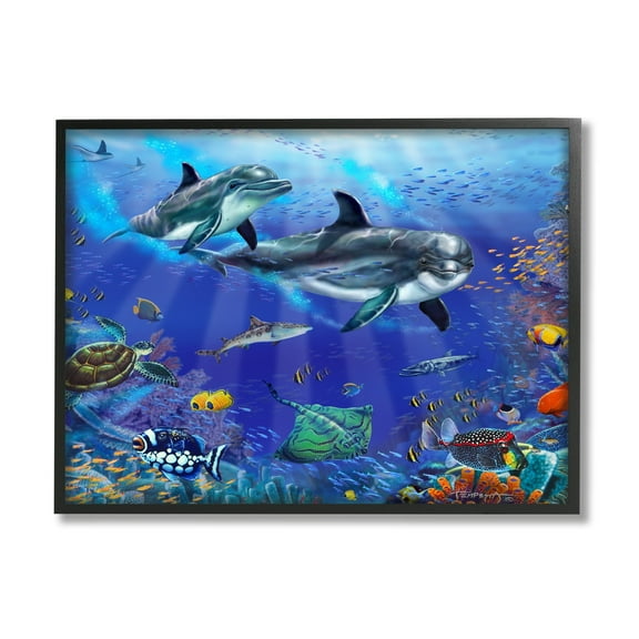 Stupell Industries Underwater Sea Life Scene Dolphins Coastal Painting Black Framed Art Print Wall Art