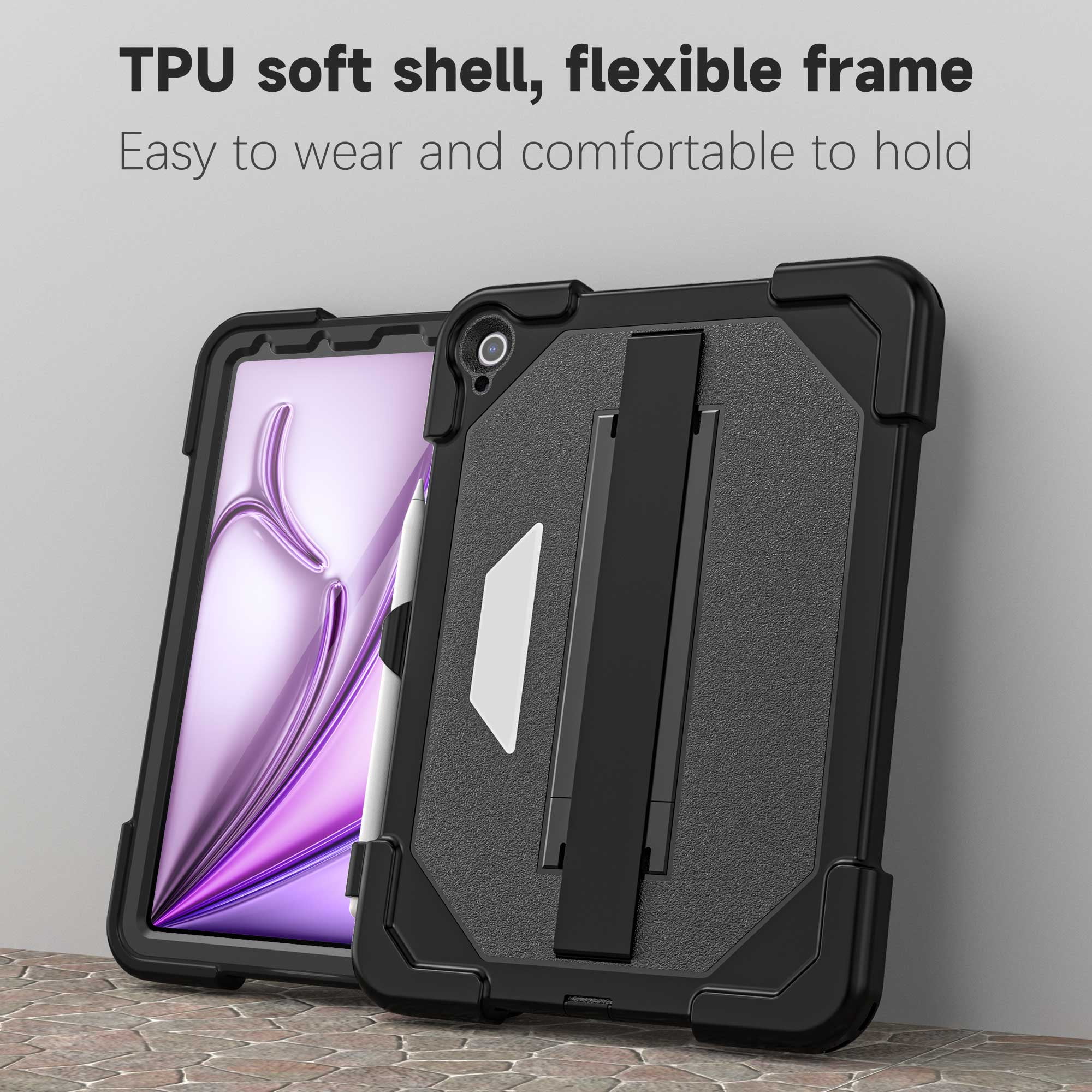Rugged Case for Apple iPad Air 11 Inch M4 M3 M2 2026 2025 2024, with Build in Screen Protector & Pencil Holder Kickstand Hand Strap Cover, Black