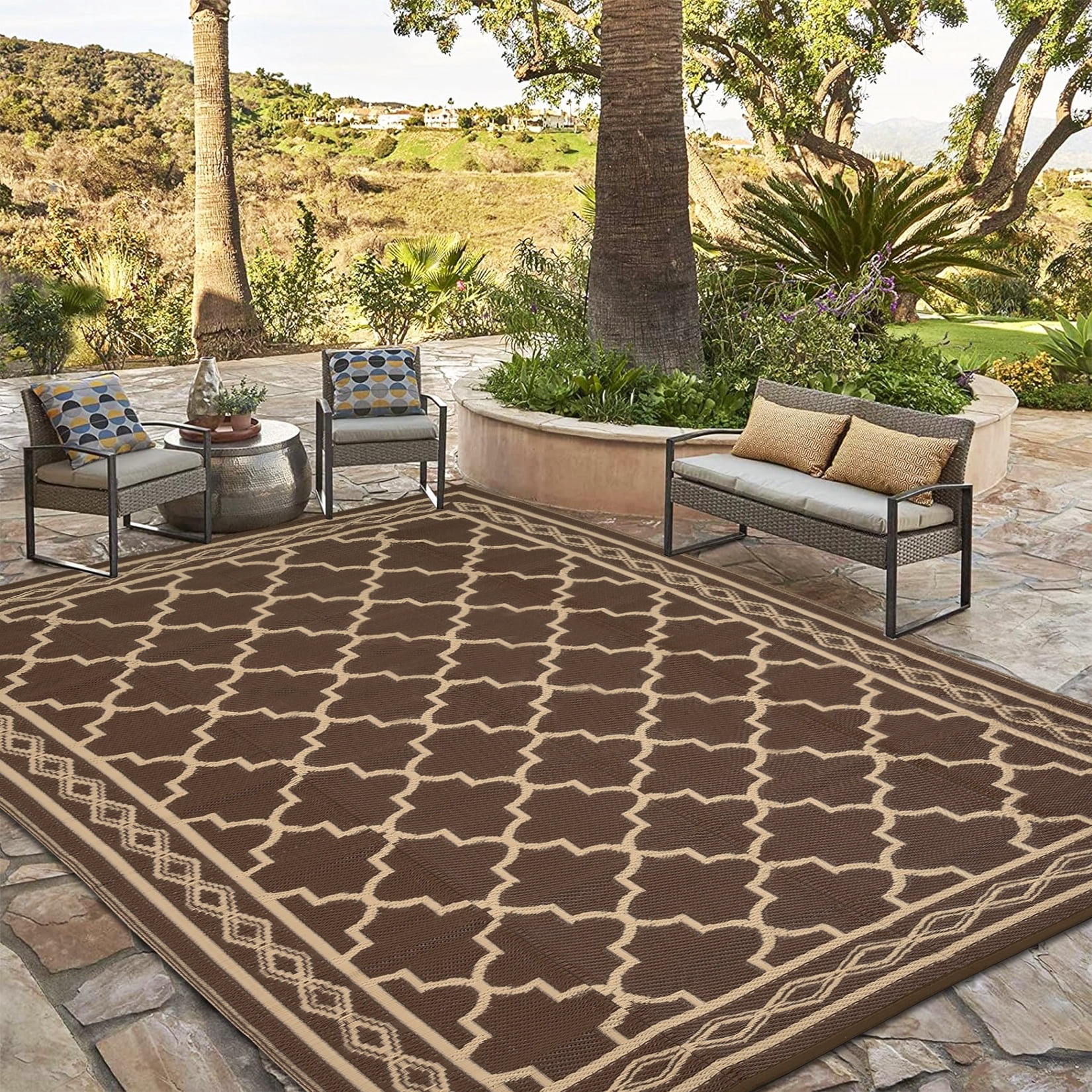 Nanan 9x18 Outdoor Rug,Lightweight Reversible Outdoor Rug, Trellis Pattern with Decorative Diamond Border, Weather Resistant Easy Clean for Garden, Balcony, Poolside, Picnic, Peony Brown Coffee