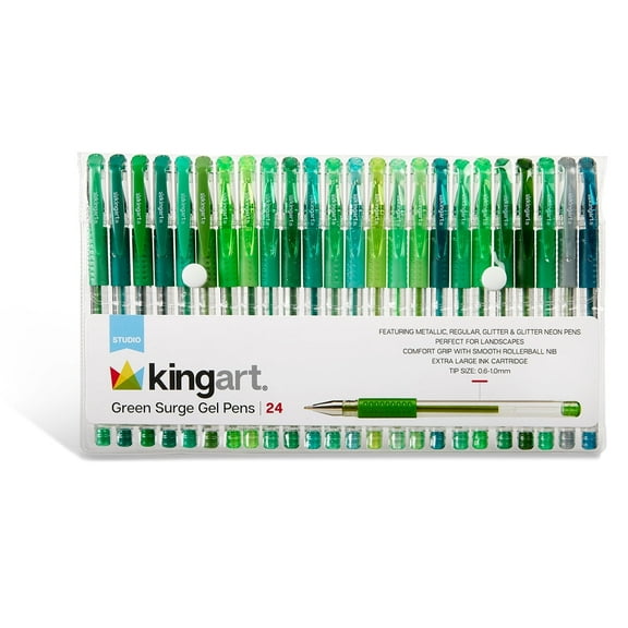 KINGART® Soft Grip Green Tone Gel Pens, 2.0mm Ink Cartridge, Set of 24 Unique Colors