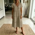 thumbnail image 6 of Josdec Women's Casual Solid Color Cotton Dress V-Neck Eyelet Cutwork Short Sleeve Tiered Midi Dress for Daily Wear in Spring Summer S-3XL, 6 of 6