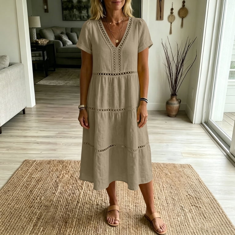 beige summer midi dress Ierhent Casual Dress for Women Women's Summer Casual Flutter Short Sleeve Crew Neck Smocked Elastic Waist Tiered Midi Dress(Beige,3XL)