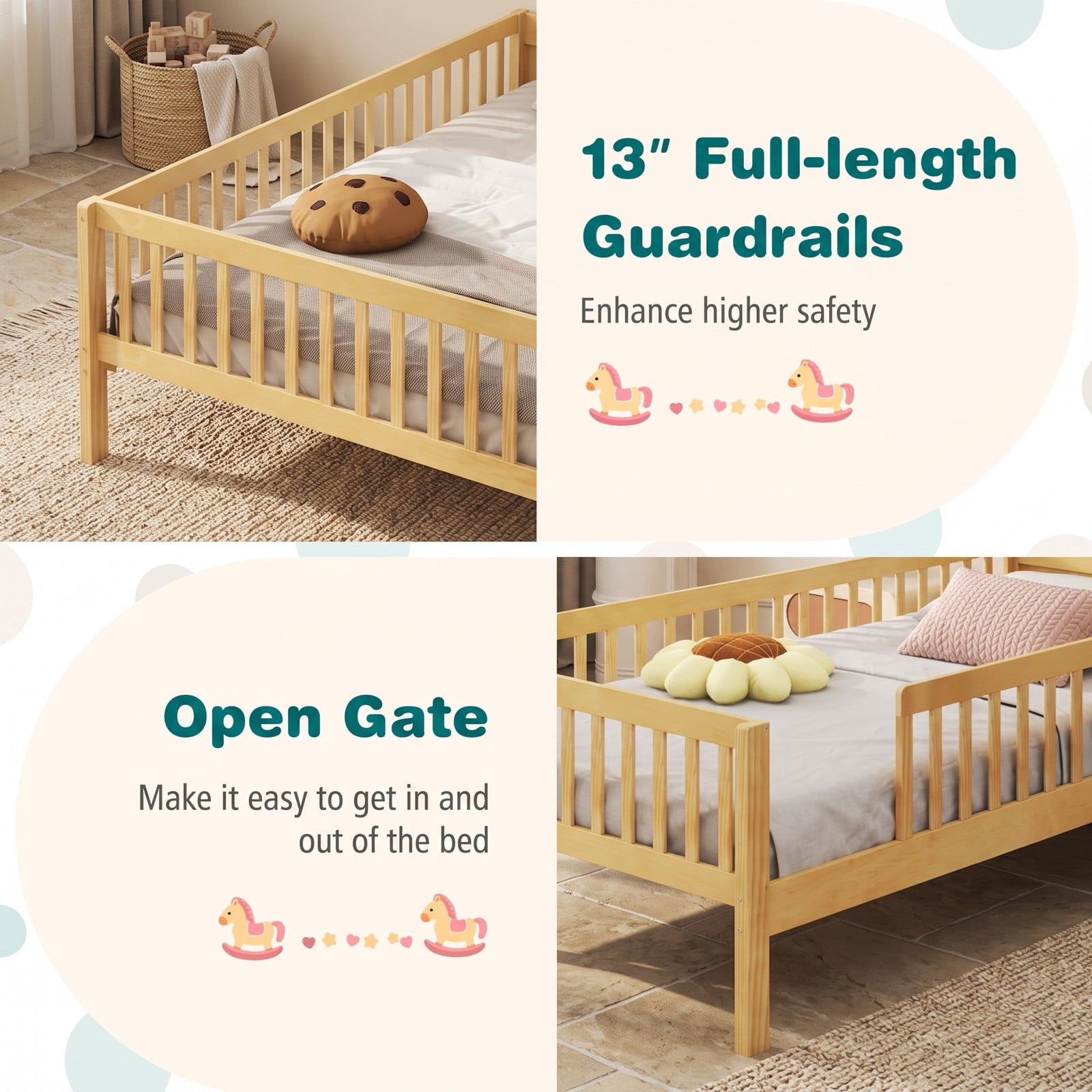 Furnibear Full Size Bed Frame Kids Montessori Floor Bed with House Headboard, Storage Shelf and Full-Length Guardrails, Natural