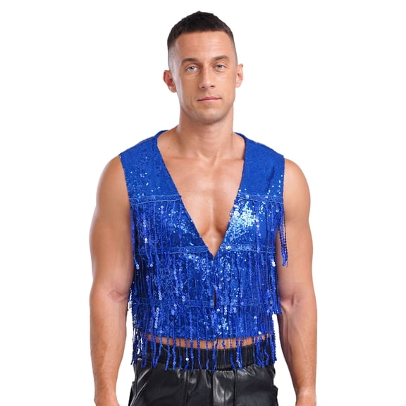 dPois Men's Shiny Sequin Tassel Vest Sleeveless Open Front Waistcoat for Dancing Party Costume Royal Blue XL