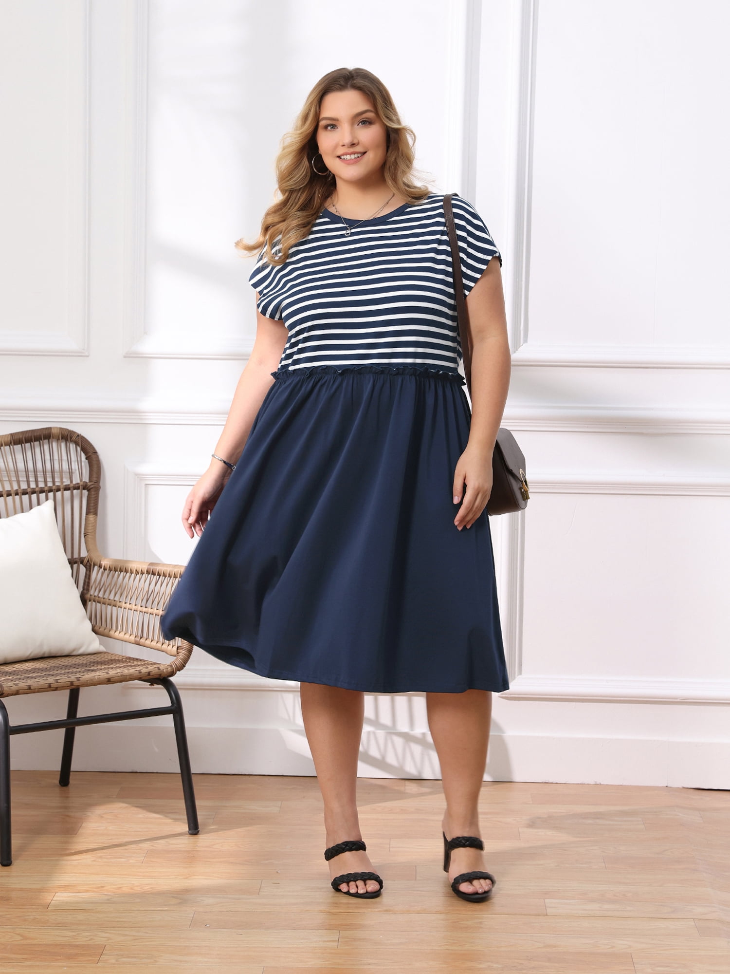 DARING DIVA Women's Plus Casual Midi A-Line and Striped Dress 1X Navy Blue