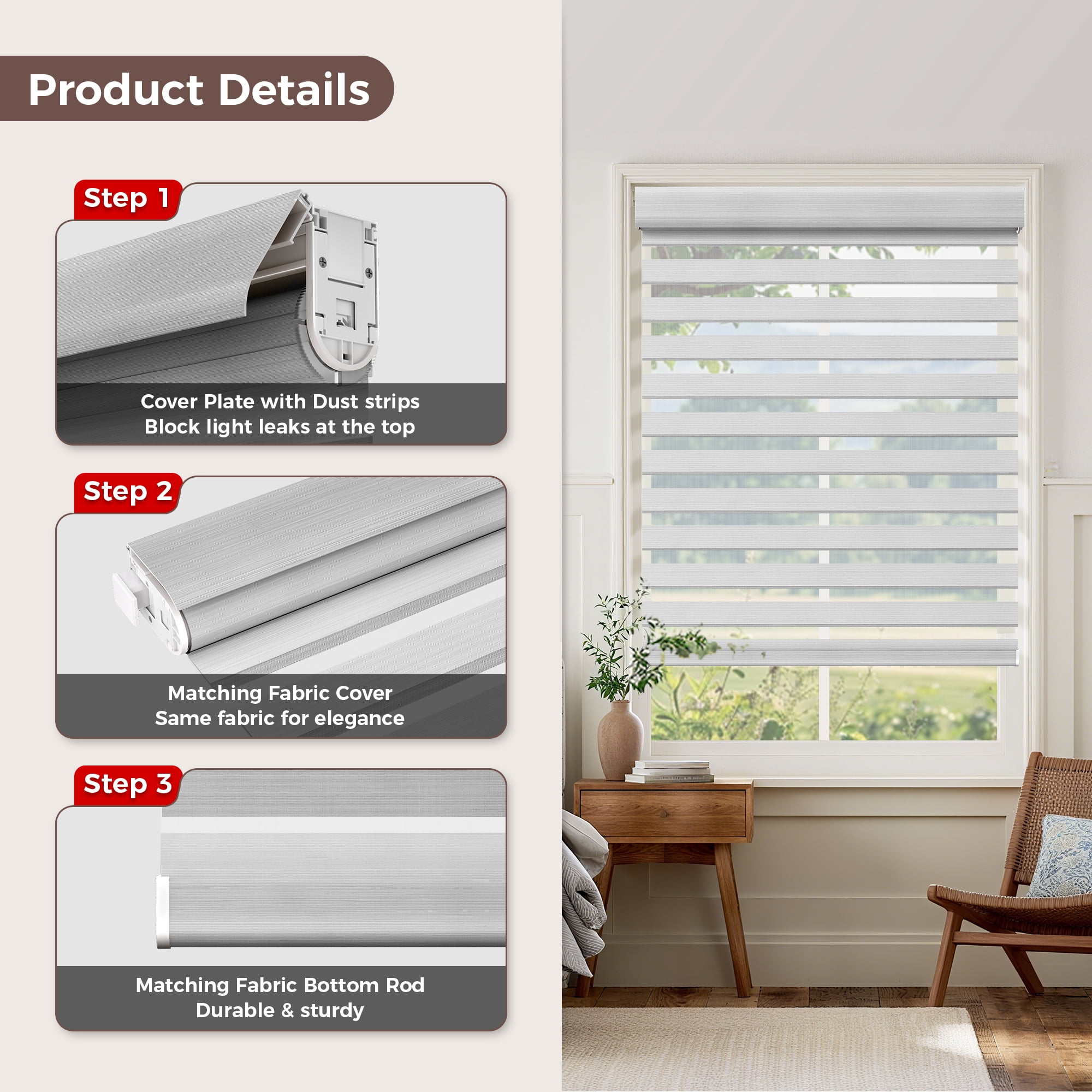 Allesin Zen No Drill No Tools Cordless Zebra Blinds, White, 34"Wx48"H
