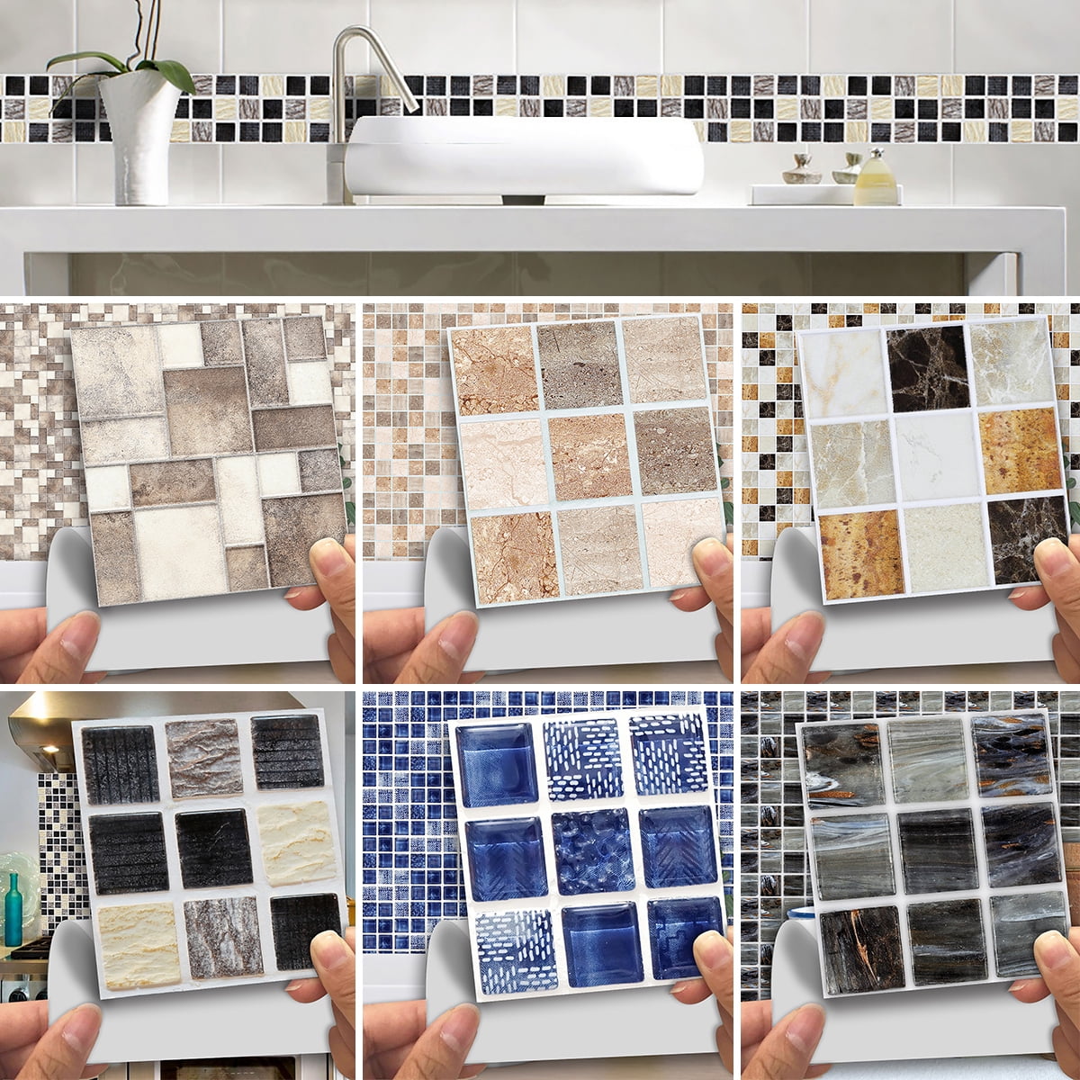18PCS Self-Adhesive Mosaic Brick Tile 3D Sticker Kitchen Bathroom Wall Stickers 