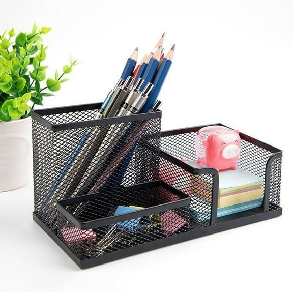 Metal Mesh Desk Organizer with 3 Compartments for Pens, Office Supplies, and Cellphone