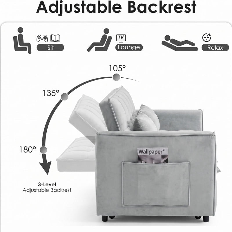 Gewnee 53" Sofa Bed, Convertible Sleeper Sofa & Pull Out Couch, 3-in-1 Velvet Loveseat with Adjustable Backrest and Storage Pocket, light gray