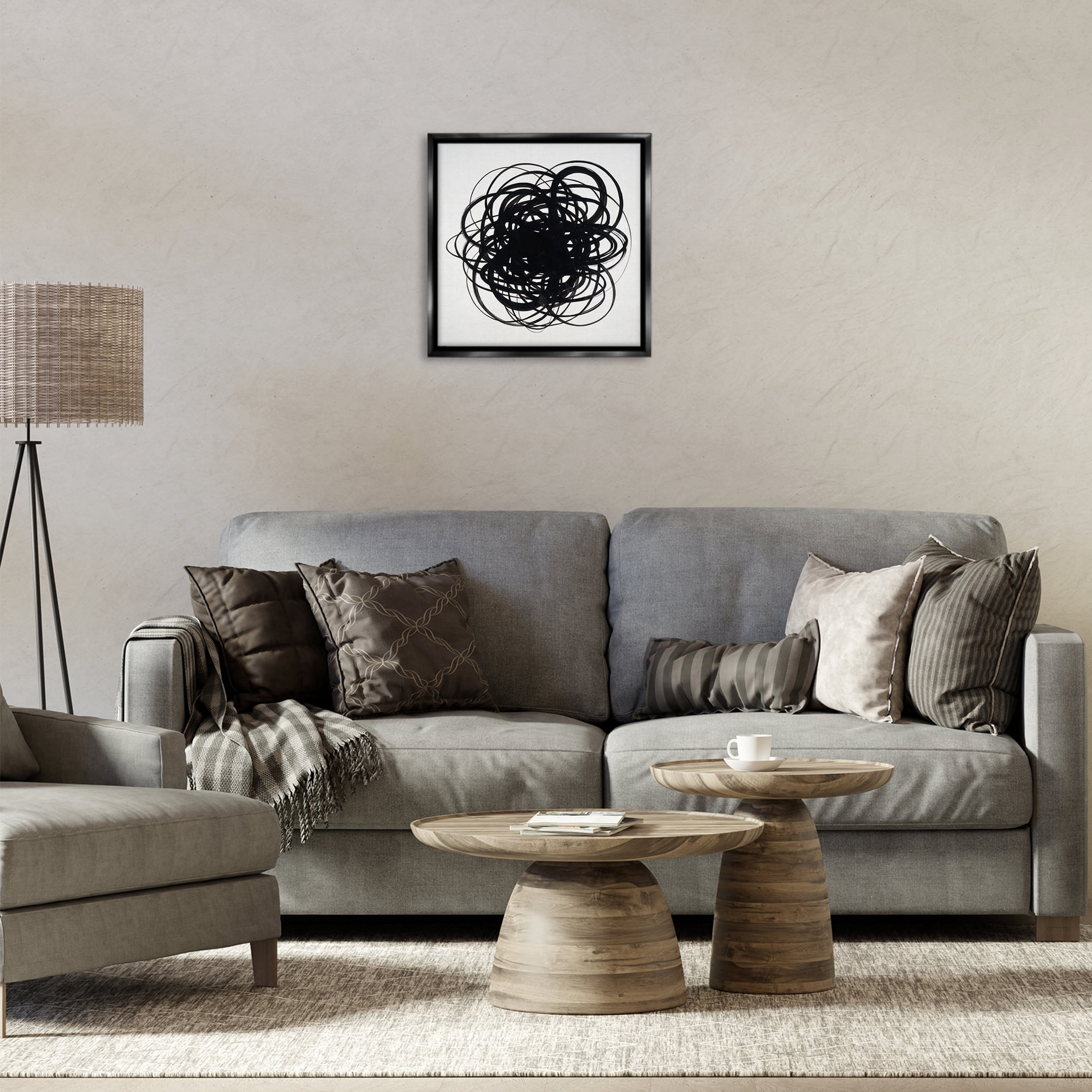 Stupell Industries Black Chaotic Scribble Abstract Painting Black Floater Framed Canvas Art Print Wall Art, 18 x 18