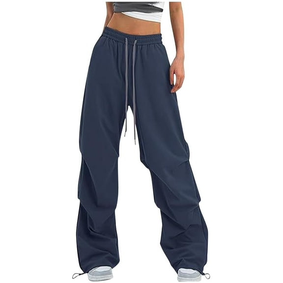 Kvture Women's Casual Pants Baggy Hiking Pants Drawstring Elastic Waist Track Y2K Trousers-Navy M