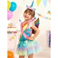 thumbnail image 4 of SANMIO 9-Piece Girls' Birthday Unicorn Costume Outfit Kids Dress Set Rainbow Striped Ruffled Top, Tulle Puffy Skirt & Unicorn Headband Accessory Set, 4 of 6