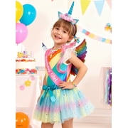 SANMIO 9-Piece Girls Birthday Unicorn Costume Outfit Kids Dress Set Rainbow Striped Ruffled Top, Tulle Puffy Skirt & Unicorn Headband Accessory Set