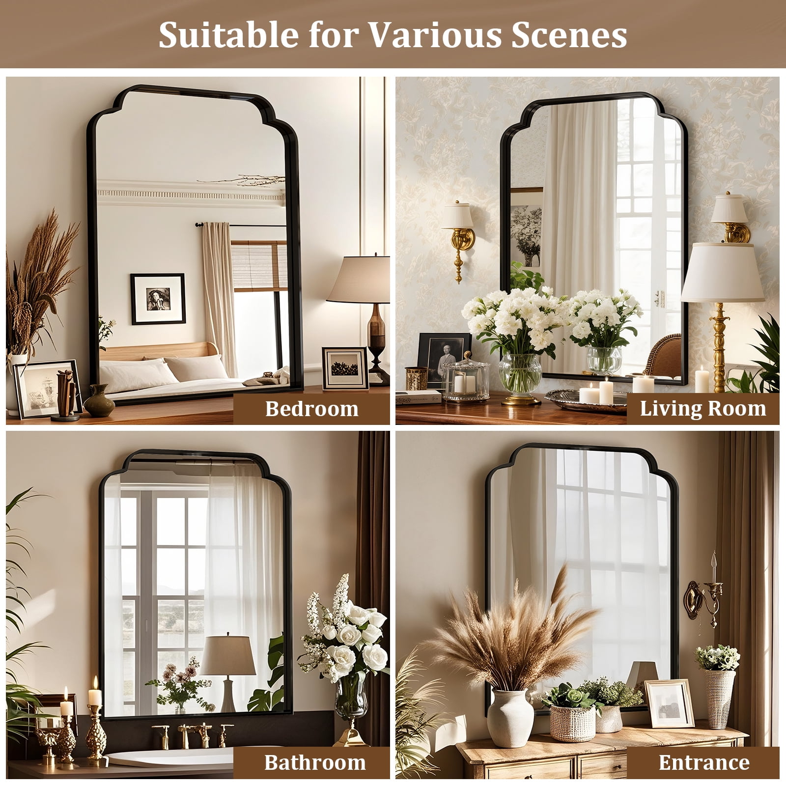 BEAUTYPEAK 20"x30" Arched Bathroom Mirror with Curved Top Modern Decorative Wall Mirror with Deep Frame, Black