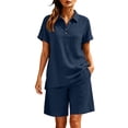 thumbnail image 5 of Mifsaly 2 Piece Short Sets for Women Summer Cotton Linen Short Sleeve V Neck Collared Shirts and Elastic Waist Shorts with Pockets Navy,S, 5 of 8