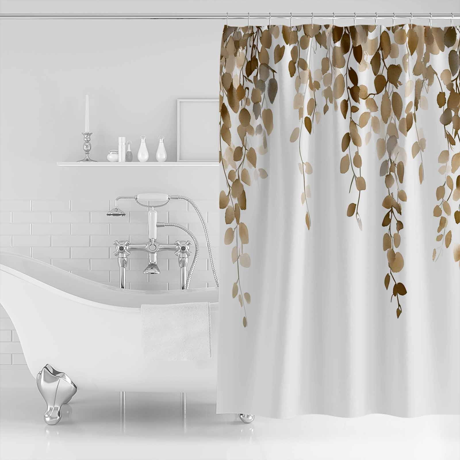Small Stall Shower Curtain 36x78 Inch Narrow Half Size Brown Eucalyptus Leaves Bath Curtains Bathroom Decor Watercolor Summer Botanical Waterproof Fabric Shower Curtain Set with Hooks 36 Inch