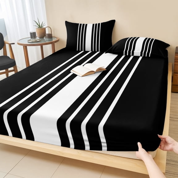 Cal.King Size Fitted Sheet Set - Black White Stripe 3 Piece Bedding Sets 16" Deep Pocket Fitted Sheet with 2 Pillowcases, Modern Rustic Vertical Striped Brushed Microfiber Hotel Luxury Bed Sheets