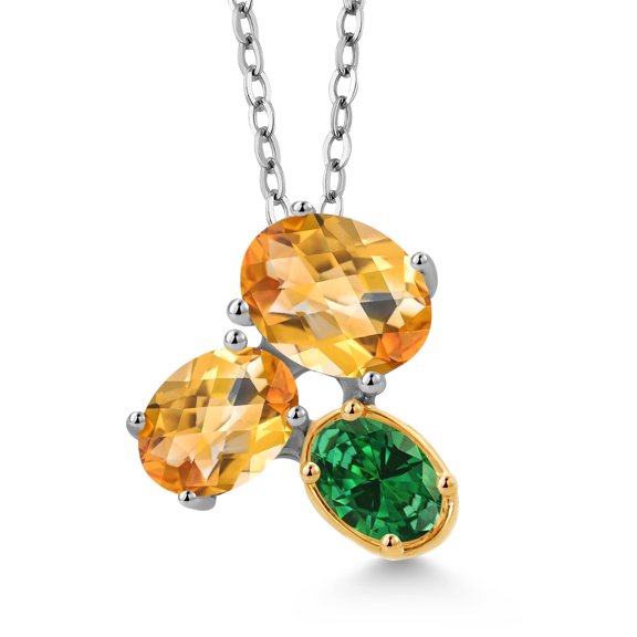 925 Silver and 10K Yellow Gold Yellow Citrine and Green Created Emerald Pendant Necklace for Women (2.35 Cttw, Oval Checkerboard 8X6MM, 7X5MM and 6X4MM, November Birthstone, with 18 inch Chain)
