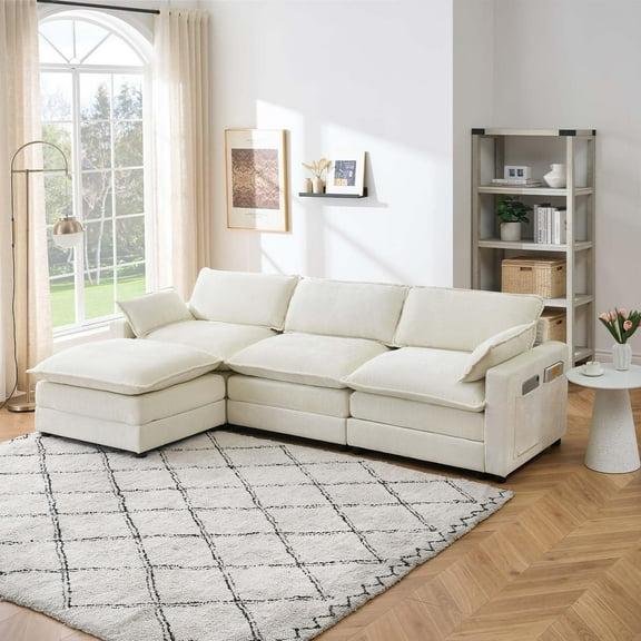 Chenille Modular Combo Sofa, Modern 3-Seater L-Shaped Sofa with Ottoman, 2 Cushions, Side Pockets, Oversized Faux Fur Upholstered Sofa for Living Room and Bedroom