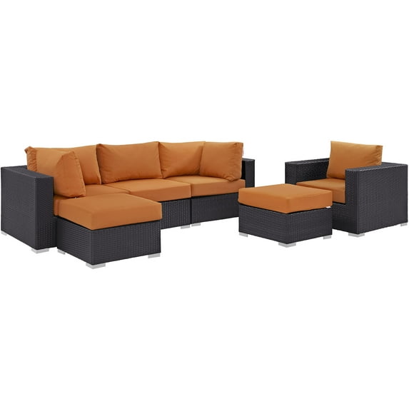 Modern Contemporary Urban Design Outdoor Patio Balcony Six PCS Sectional Sofa Set, Orange, Rattan