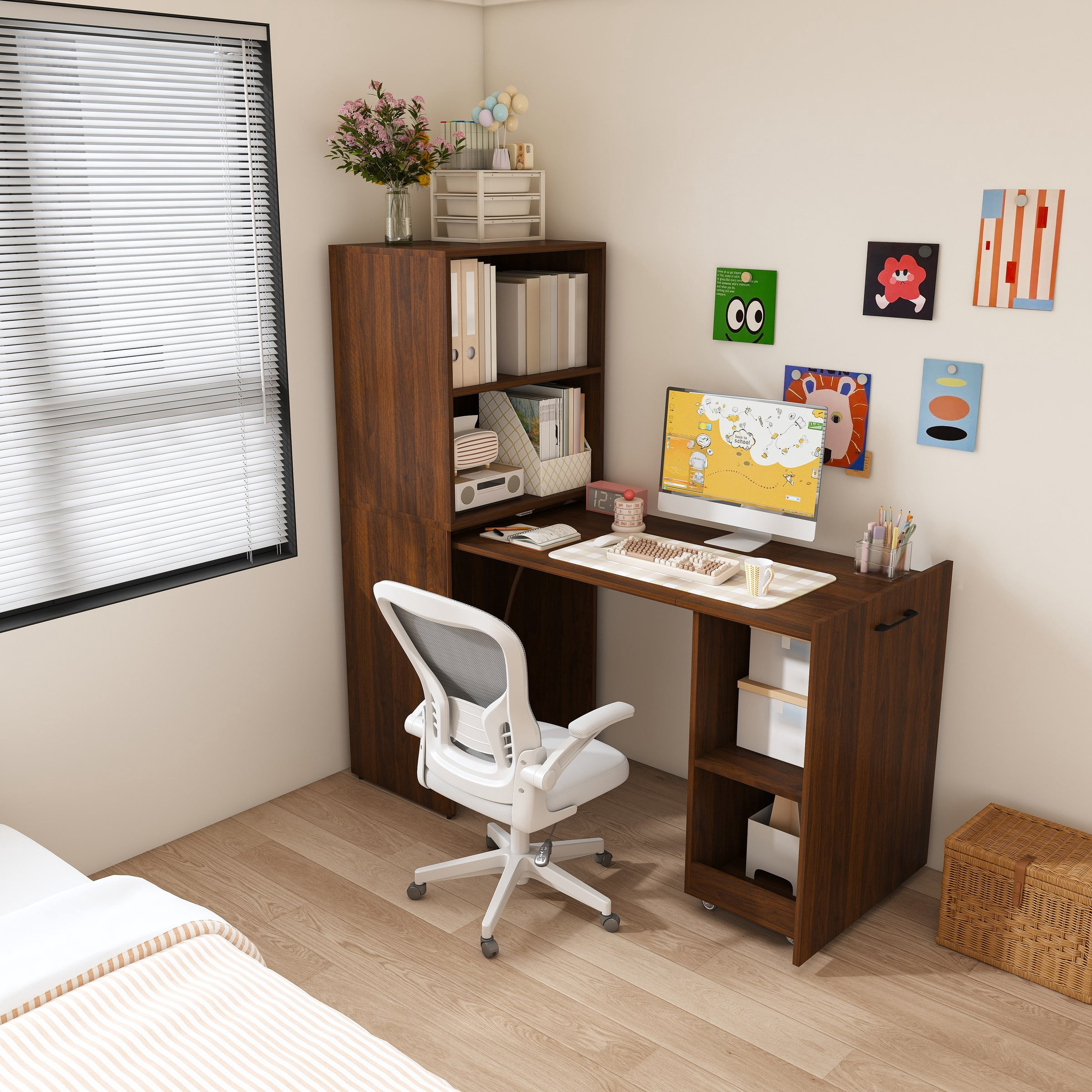 Stretchable Desk, Office Desk With Storage Shelves And Mobile Wheels, Foldable Desk Suitable For Small Apartments And Offices