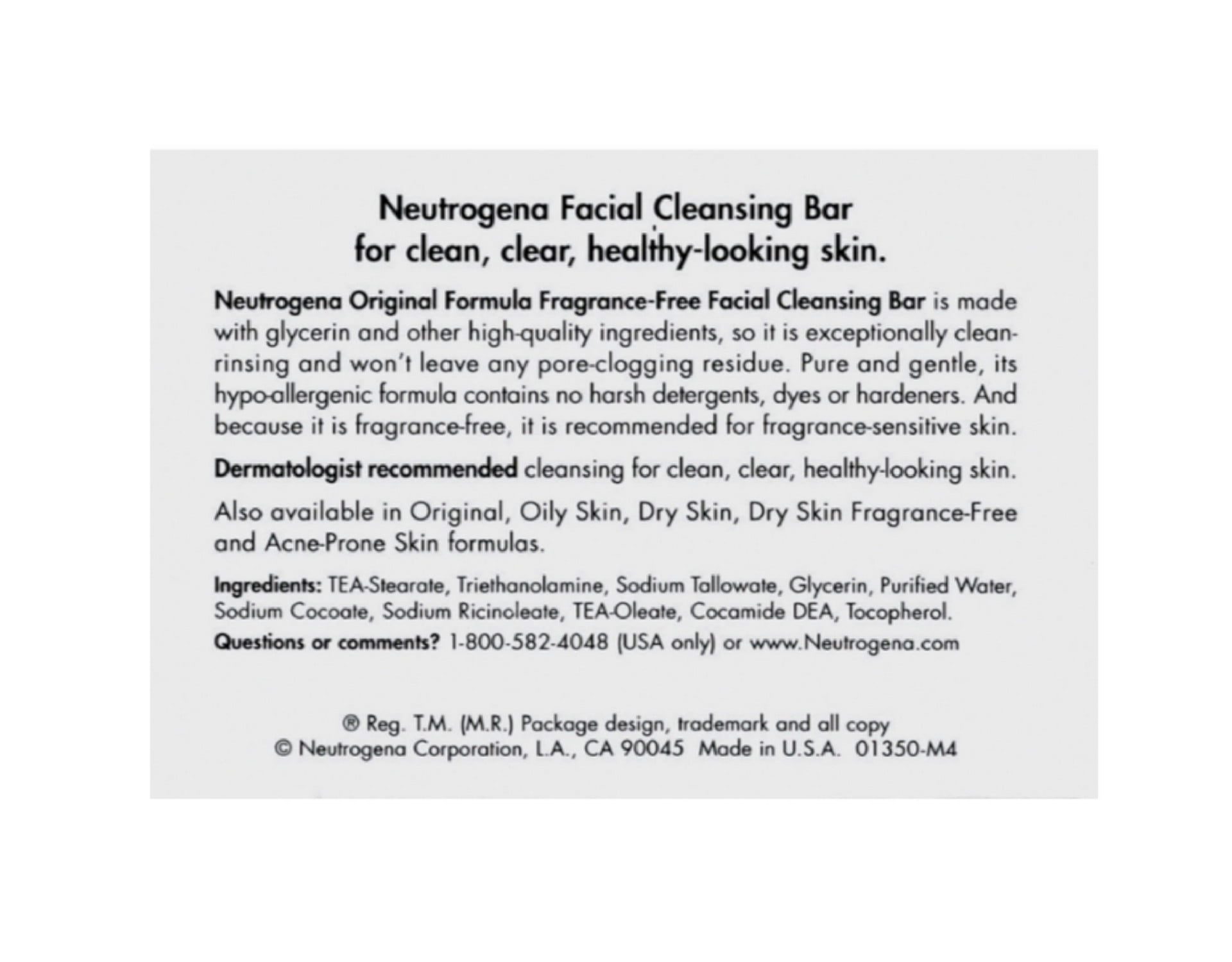 4 Pack - Neutrogena Facial Bar Fragrance Free 3.50 oz Each