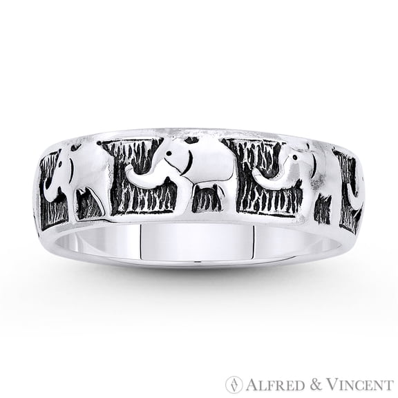 Elephant Herd Animal Charm Right-Hand Eternity Band in Oxidized .925 Sterling Silver