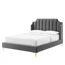 Platform Bed Frame, Queen Size, Velvet, Grey Gray, Modern Contemporary Urban Design, Bedroom Master Guest Suite