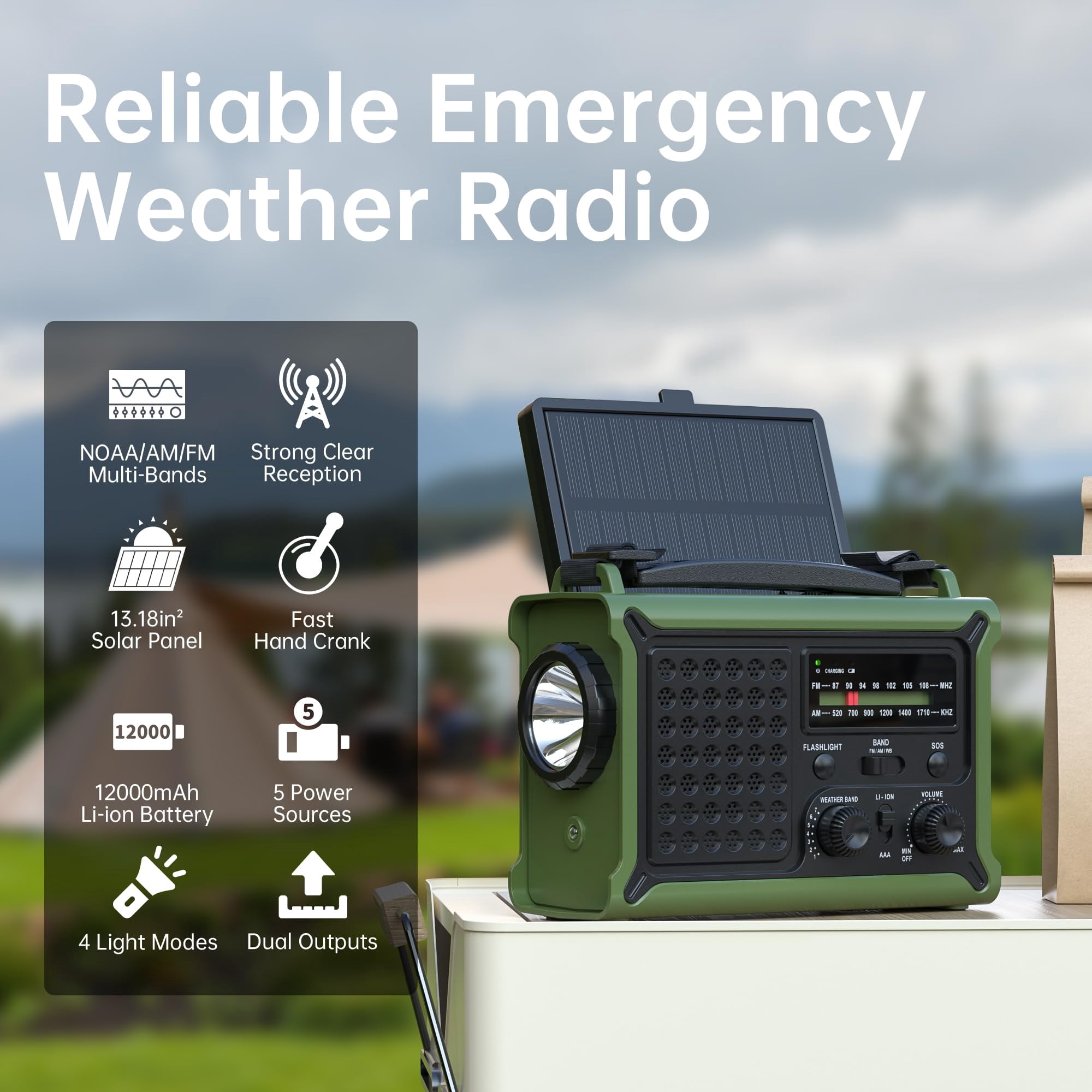 Solar Radio Emergency Hand Crank 12000mah With Clear Signal  Am Fm Noaa Weather Operated 2-mode Led Flashlight Cell Phone Dual Outputs Sos