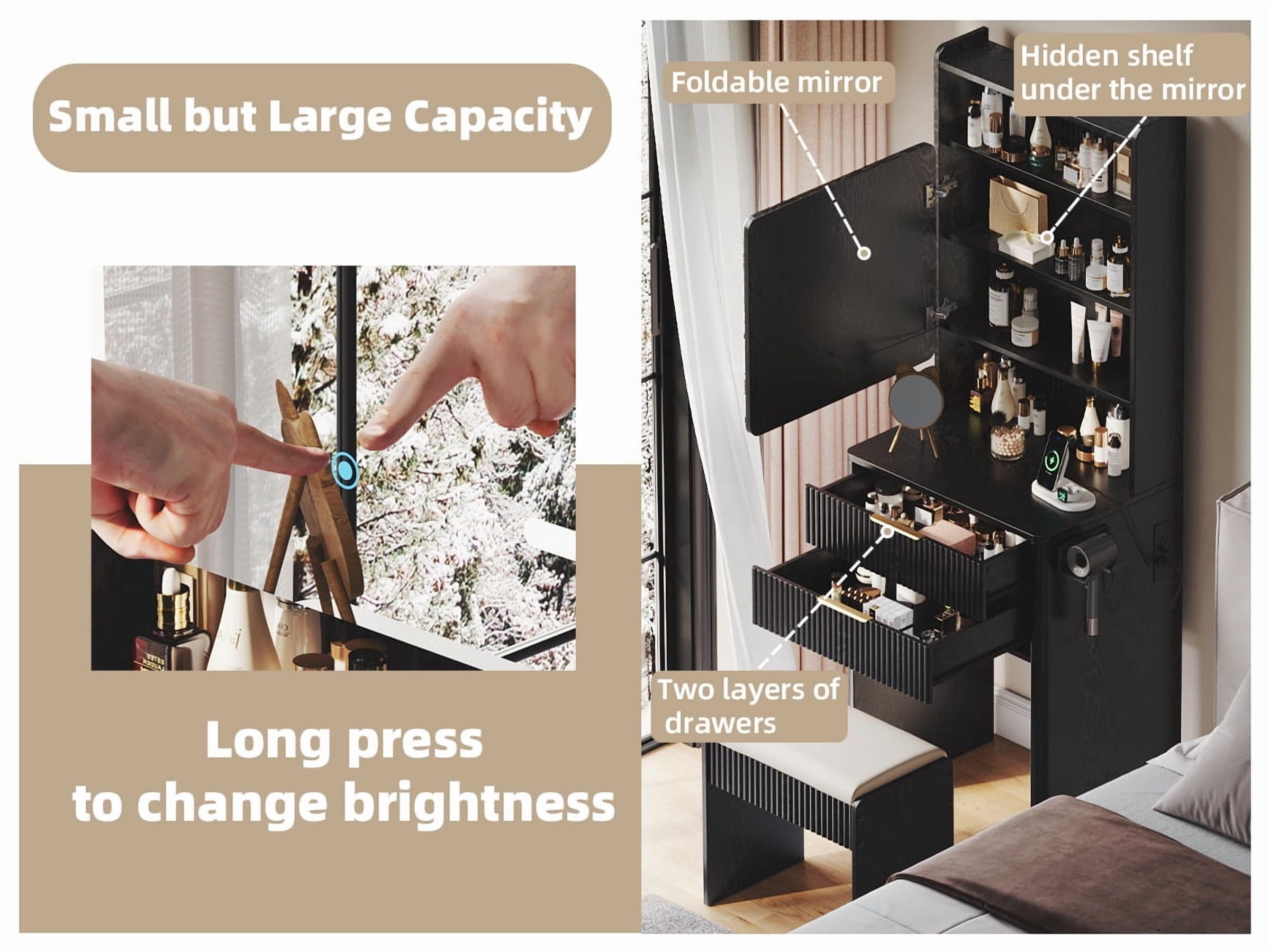 UGTOO 3-in-1 Foldable Vanity Desk with LED Lights & Charging Station, Black Makeup Table with Mirror, 2 Drawers & Stool, Space-Saving Dressing Table for Small Bedrooms (21.65"L)