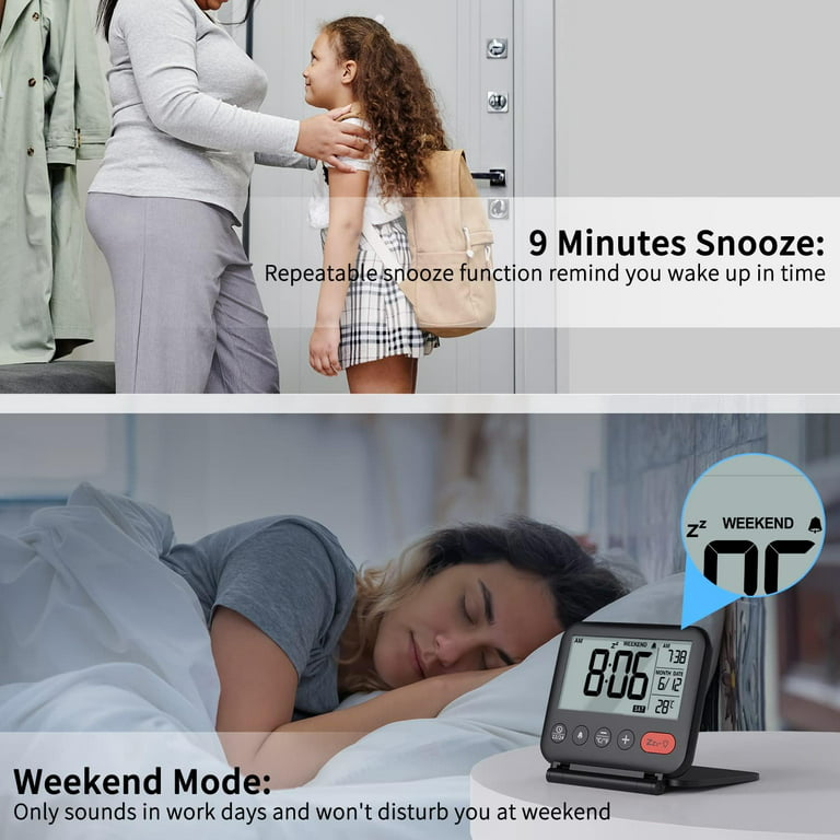 1pc Mini Digital Travel Alarm Clock,LCD Design Indoor Thermometer  Hygrometer,Music Alarm,Calendar Display,12/24H,Snooze Backlight for  Bedside,2*AAA Batteries Operated (Not Included)