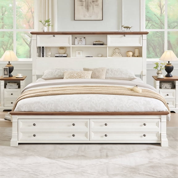 KeyWhat Farmhouse King Size Bed Frame with 54" Tall Storage Bookcase Headboard, Wood Platform Bed Frame with 2 Drawers, No Box Spring Needed, Antique White