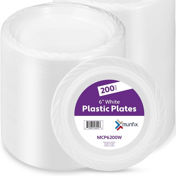 6 Inch White Plastic Plates 200 Bulk Pack Disposable Cake Plates for