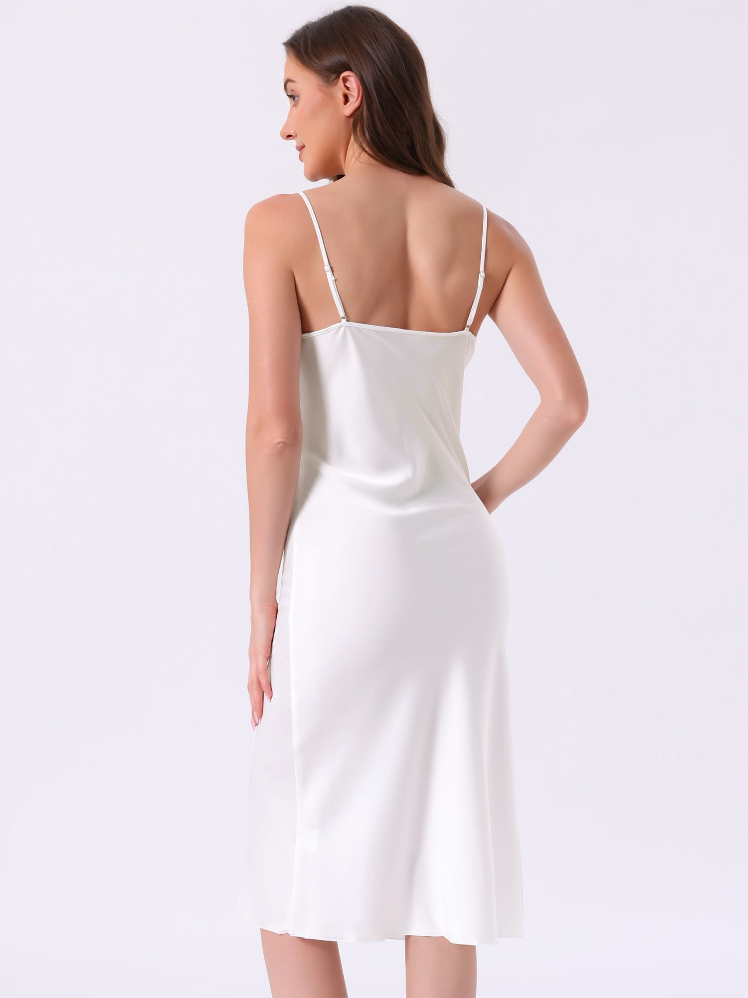 DARING DIVA Women's Satin Silky Hem Cowl Neck Sleeveless Midi Nightgown XS White