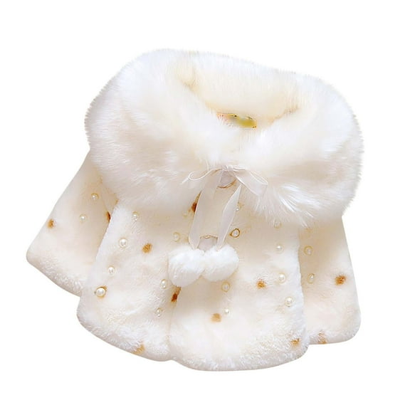 Odeerbi Toddler Winter Coat Kids Girls Outerwear Jackets Autumn Baby Polka Dot Pearl Decoration Plush Warm Cotton Coat White