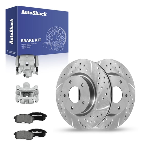 AutoShack Front Vented Drilled & Slotted Silver Zinc Coated Brake Rotors   Ceramic Pads   Calipers 8-PC Brake Kit Replacement for 2007-2010 Nissan Altima SilverShield Pro 11.65" (295.9 mm)