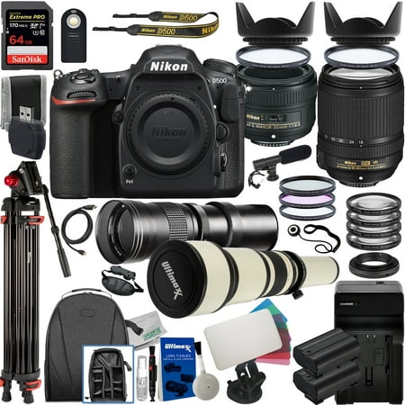 Nikon D500 DSLR Camera with 18-140mm Lens, 50mm Lens, 420-800mm Telephoto Zoom Lens, 650-1300mm Manual Zoom Lens & Deluxe Bundle: SanDisk Extreme PRO 64GB SDXC, Heavy Duty 72” Tripod & Much More