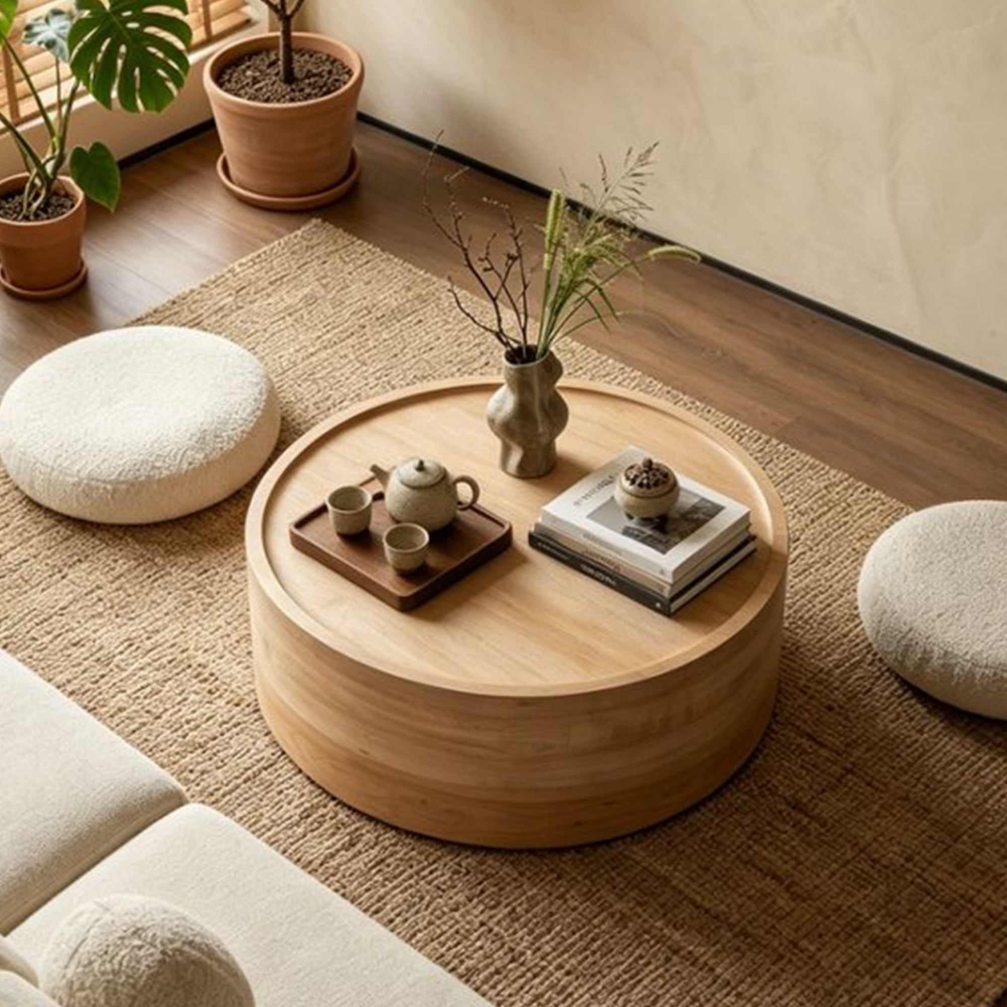 Leumius Round Coffee Table with Natural Wood Grain, Modern Drum Circle Coffee Table for Living Room Bedroom, No Need Assembly Natural 2