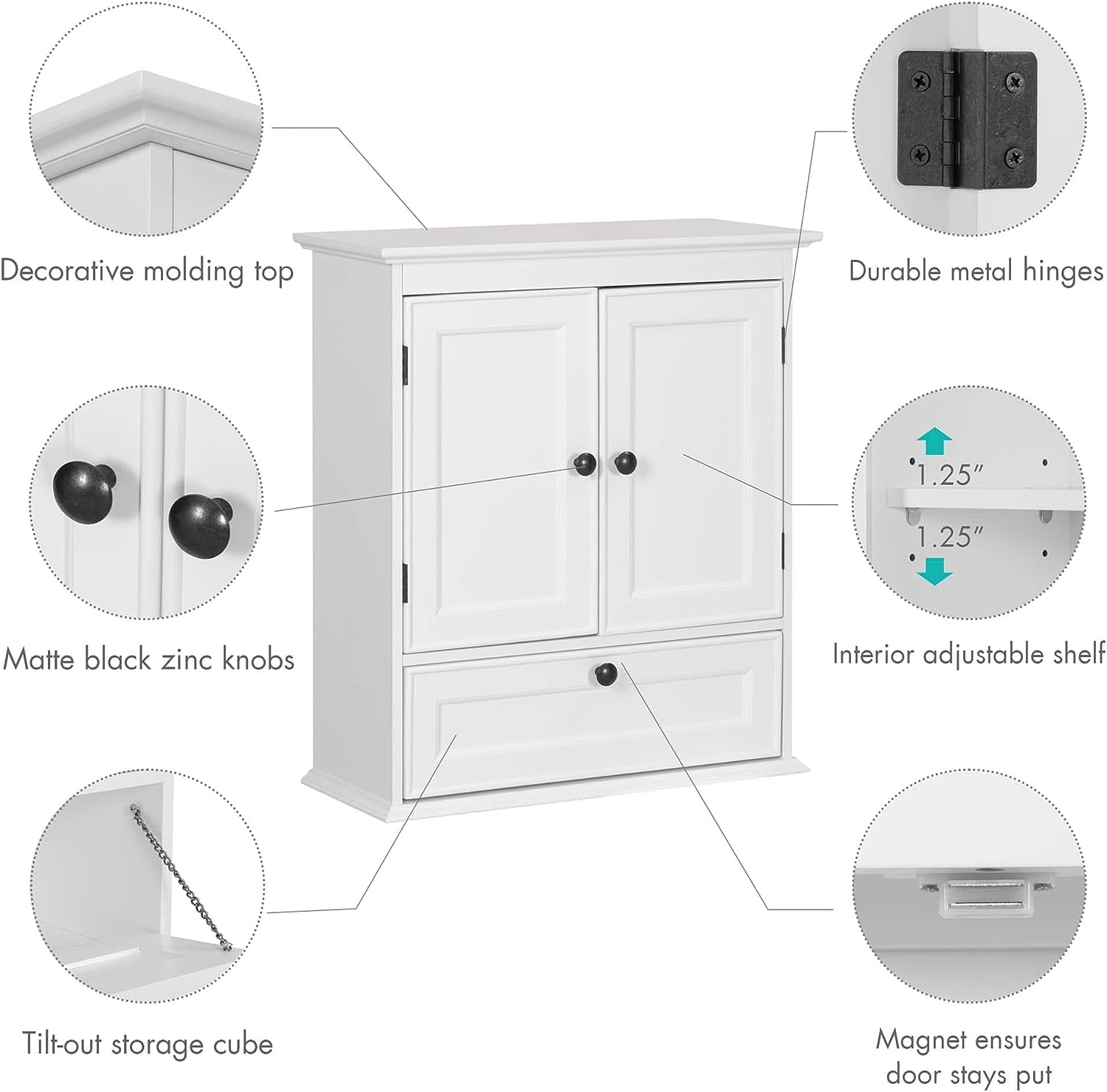 Spirich Bathroom Wall Cabinet with Adjustable Shelf and Door Knobs, White
