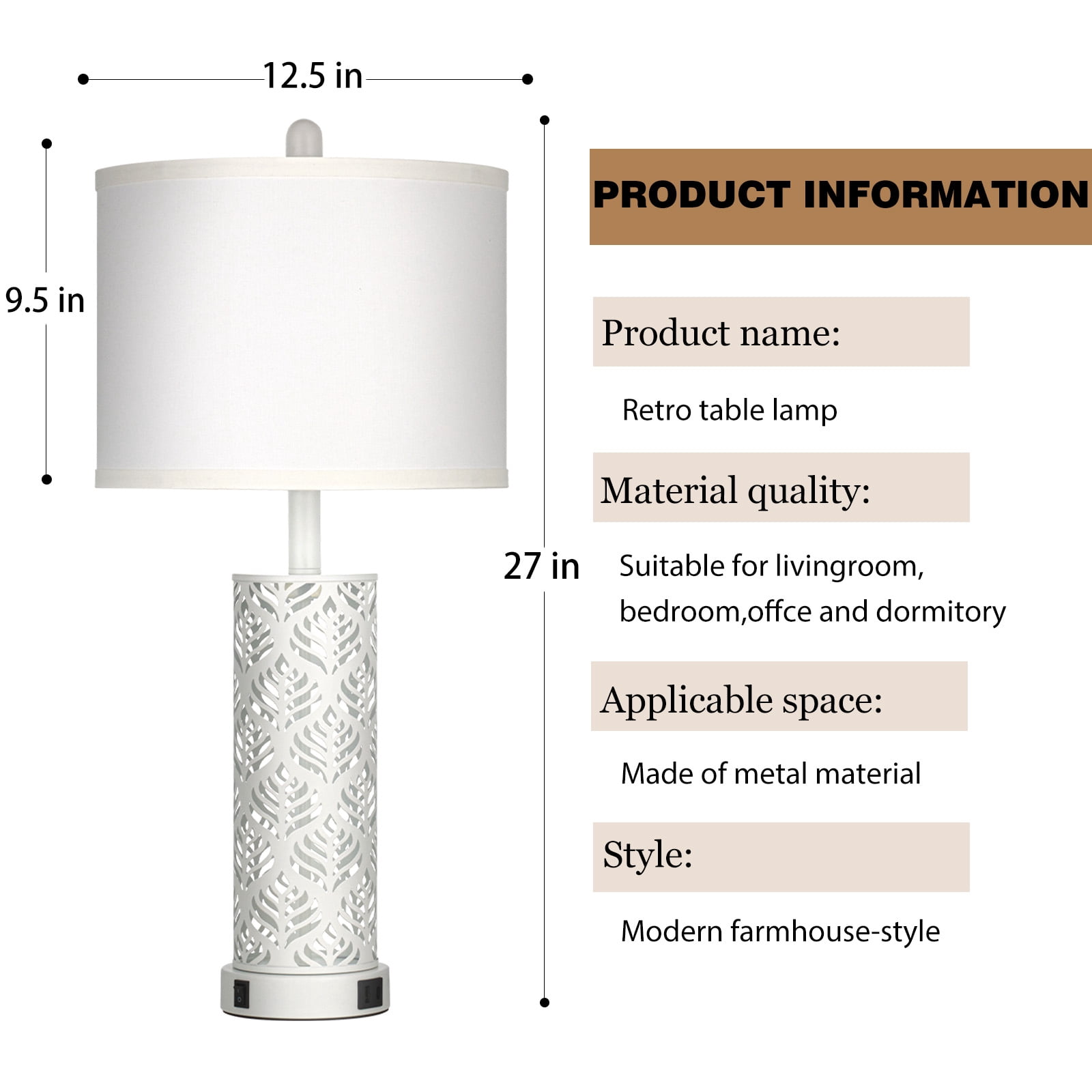 Lolikit 27"Table Lamp Set of 2 Modern Farmhouse Nightstand Bedside Lamp for Living Room Bedroom with USB A+C Ports