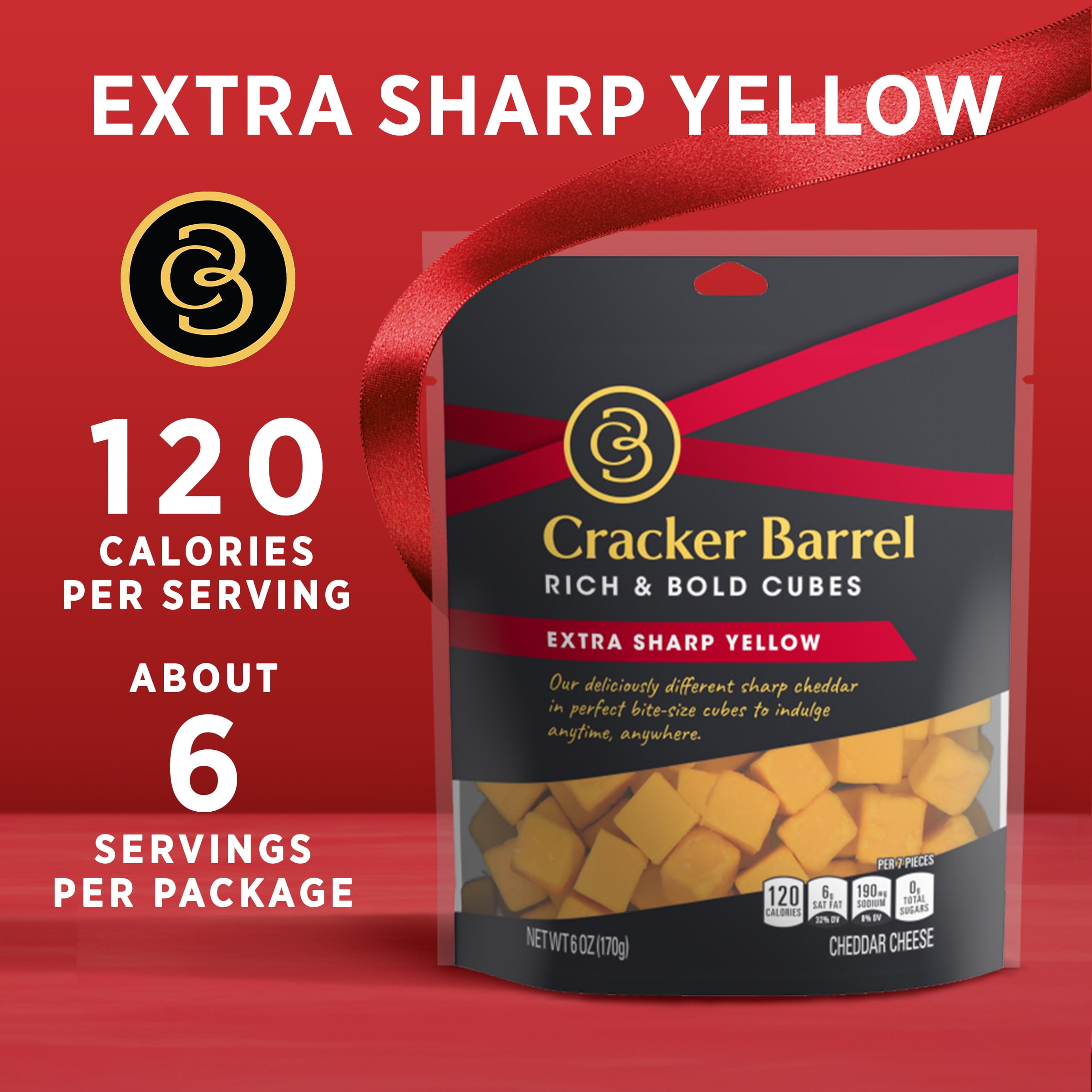 Cracker Barrel Rich & Bold Extra Sharp Yellow Cheddar Cheese Cubes, 6 oz Bag