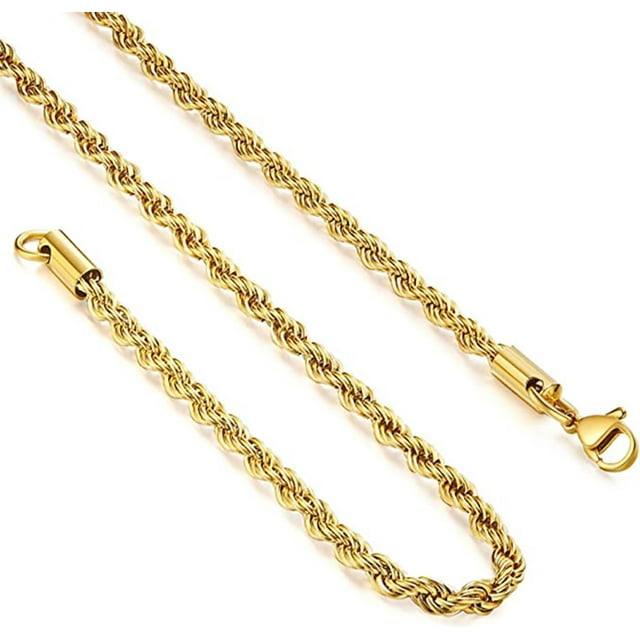 EcoNesxp 18K Inch Men's 3mm Men's Gold Rope Chain Ion Plated Unisex Necklace Gold Plated Stainless Steel Hollow Twisted Rope Chain to