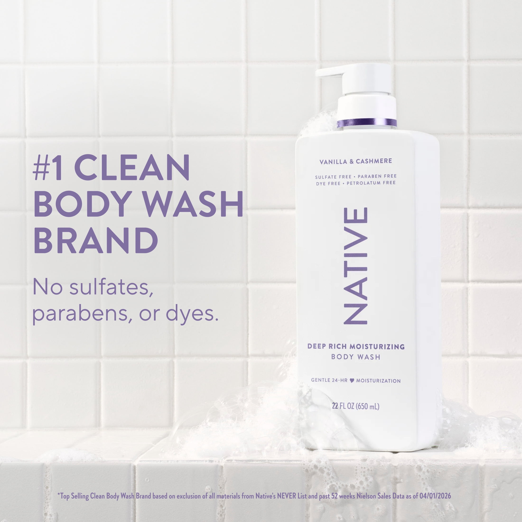 Native Moisturizing Body Wash, Sulfate Free, 24hr Moisturization with Shea Butter, for Dry Skin, Vanilla & Cashmere, 22 fl oz
